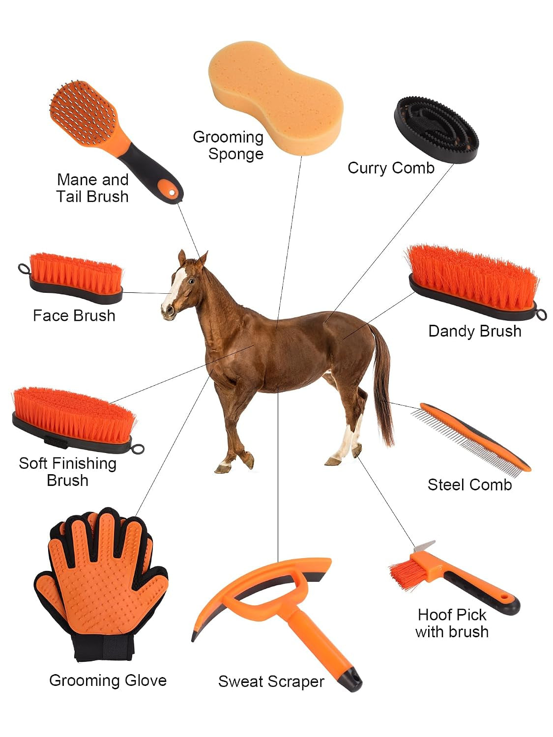 Horse Grooming Kit（13-Piece），Orange Horse Brushes,Storage Bag, Sweat Scraper,Mane Comb,Horse Grooming Gloves, Gifts for Girls (Orange)