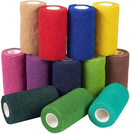 Cohesive Bandage Vet Wrap Rolls - Sprain & Strain Support Elastic Bandage & Vet Wrap for Dogs & Horses - Self-Adherent Dog Wound Care Tape - First Aid & Sports Tape - 12 Count, 4 in X 5 Yd