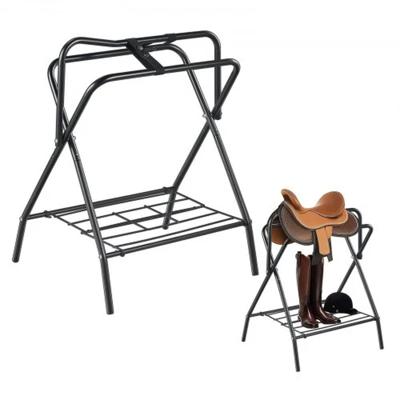 Folding Saddle Rack, 28 X 19 X 37.5 In, 2 Packs Freestanding Horse Saddle Stand, Portable Horse Blanket Holder, Heavy Duty Steel Saddle Rack for English & Western Saddles, Tack Storage, Black