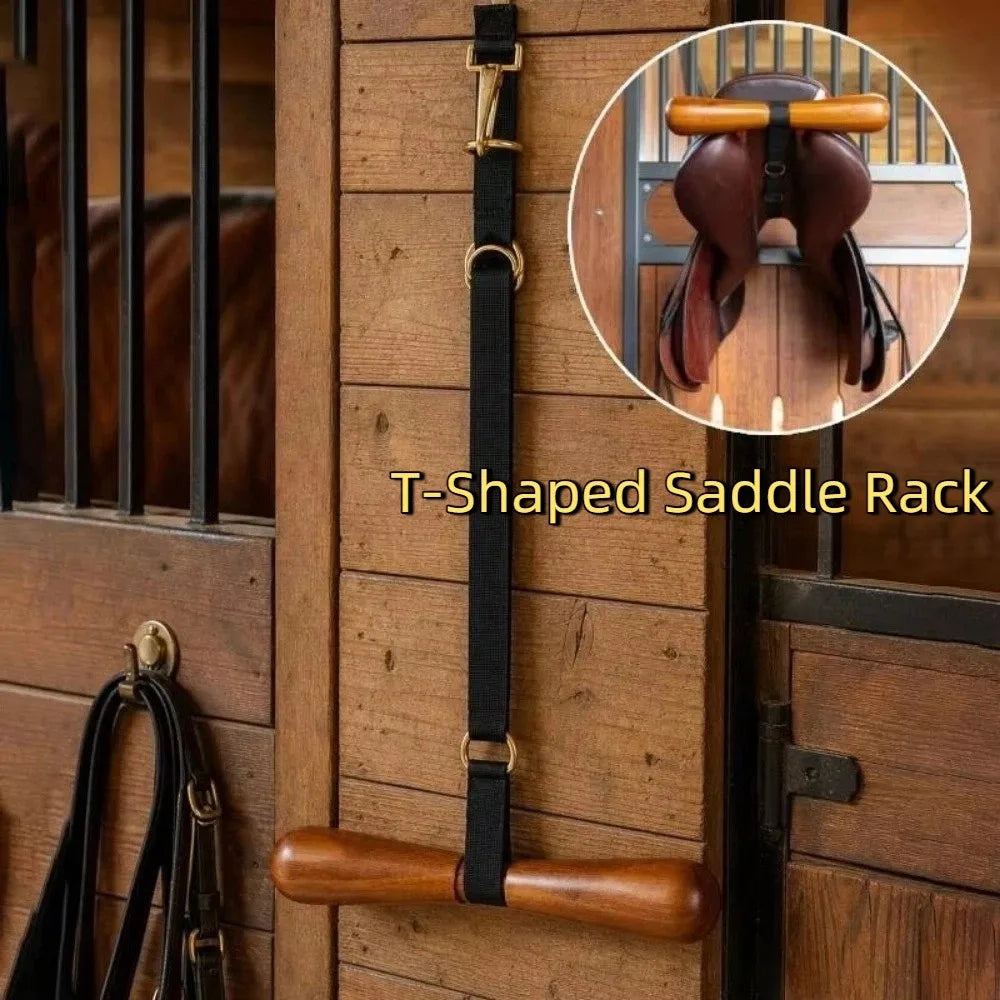 Wooden T-Shaped Saddle Rack Adjustable Strap Space Saving T-Shaped Saddle Hanger with T Bar Support Wall Mounted Horse Tack Rack