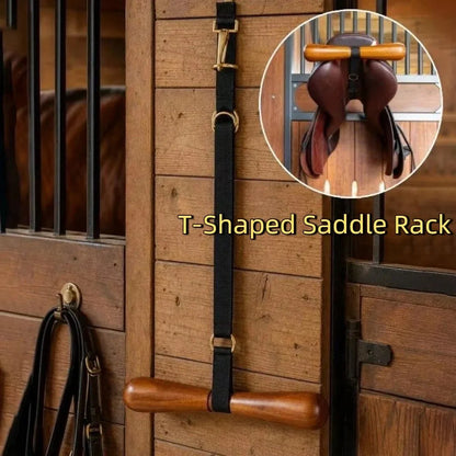 Wooden T-Shaped Saddle Rack Adjustable Strap Space Saving T-Shaped Saddle Hanger with T Bar Support Wall Mounted Horse Tack Rack