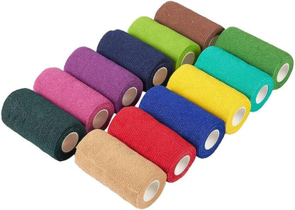Cohesive Bandage Vet Wrap Rolls - Sprain & Strain Support Elastic Bandage & Vet Wrap for Dogs & Horses - Self-Adherent Dog Wound Care Tape - First Aid & Sports Tape - 12 Count, 4 in X 5 Yd