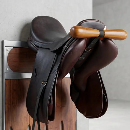 Wooden T-Shaped Saddle Rack Adjustable Strap Space Saving T-Shaped Saddle Hanger with T Bar Support Wall Mounted Horse Tack Rack