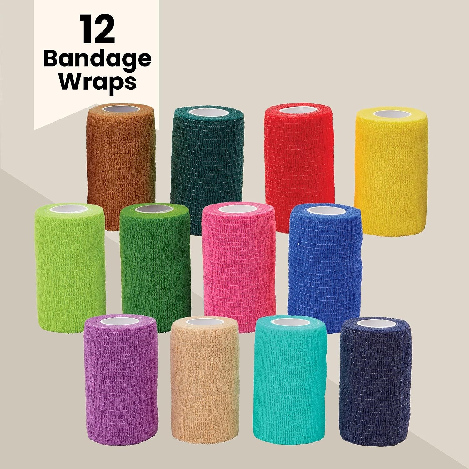 Cohesive Bandage Vet Wrap Rolls - Sprain & Strain Support Elastic Bandage & Vet Wrap for Dogs & Horses - Self-Adherent Dog Wound Care Tape - First Aid & Sports Tape - 12 Count, 4 in X 5 Yd