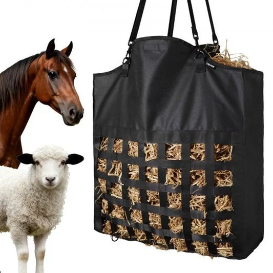 Hay Bag for Horses, 21.65 X 7.28 X 25.2 In, 1.81 X 1.81 in Holes, Premium Nylon Construction with PVC Waterproof Coating, Adjustable Hanging Straps and Metal Hooks, Slow Feed Hay Bag for Horses